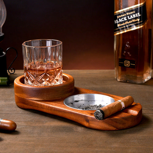 2 In 1 Wooden Ashtray Rustic Wood Whiskey Glass Cup Tray Cigar Holder - Shopping Warriors