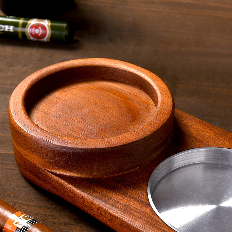 2 In 1 Wooden Ashtray Rustic Wood Whiskey Glass Cup Tray Cigar Holder - Shopping Warriors