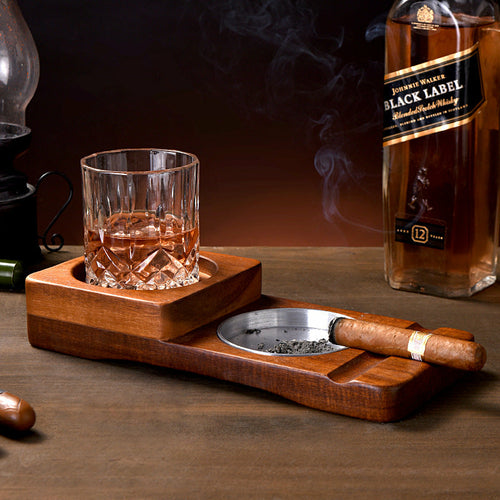 2 In 1 Wooden Ashtray Rustic Wood Whiskey Glass Cup Tray Cigar Holder - Shopping Warriors