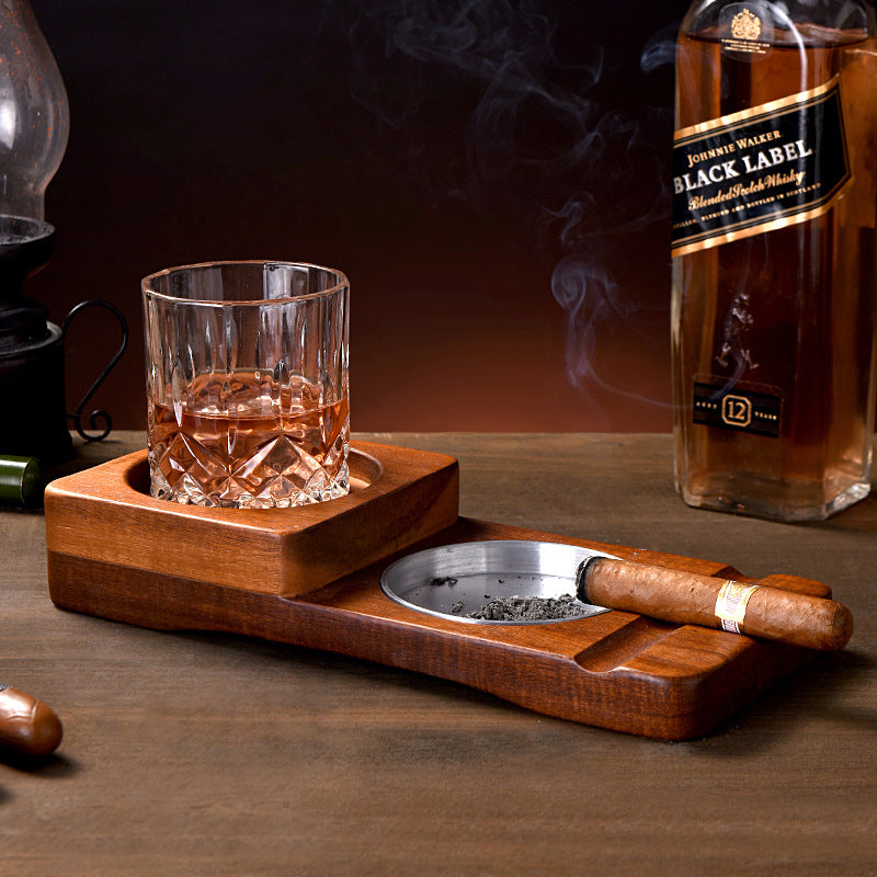 2 In 1 Wooden Ashtray Rustic Wood Whiskey Glass Cup Tray Cigar Holder - Shopping Warriors