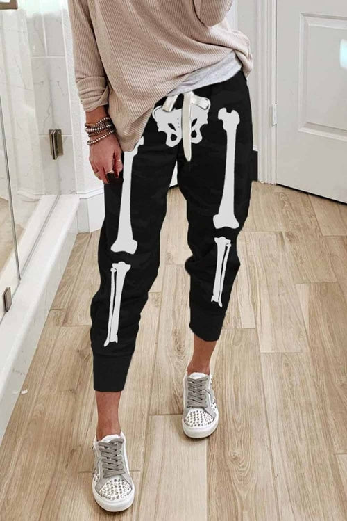 Halloween Skull Print Drawstring Elastic Waist Joggers - Shopping Warriors