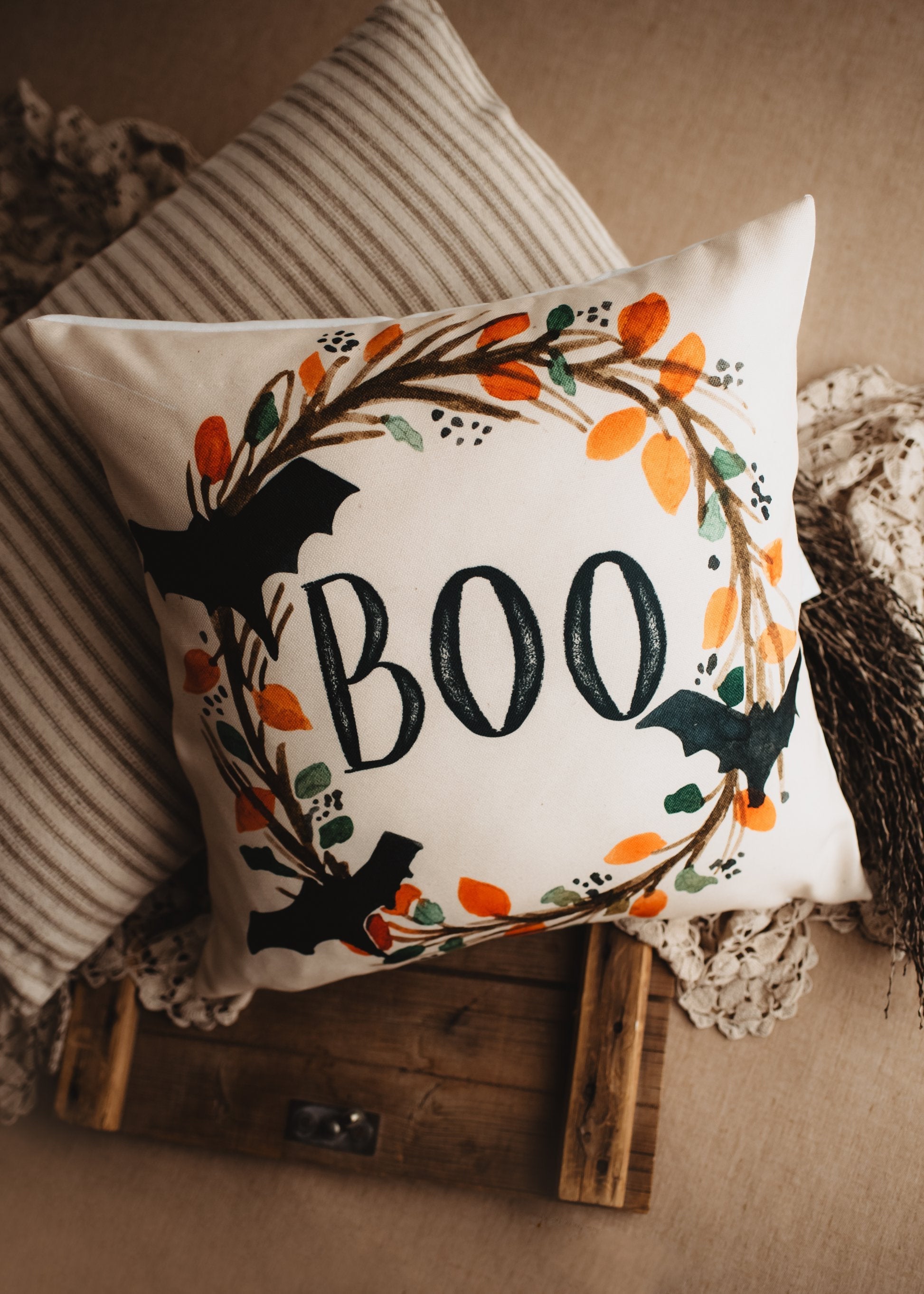 Boo Halloween Wreath Pillow Cover | Fall decor | Farmhouse Pillows | - Shopping Warriors