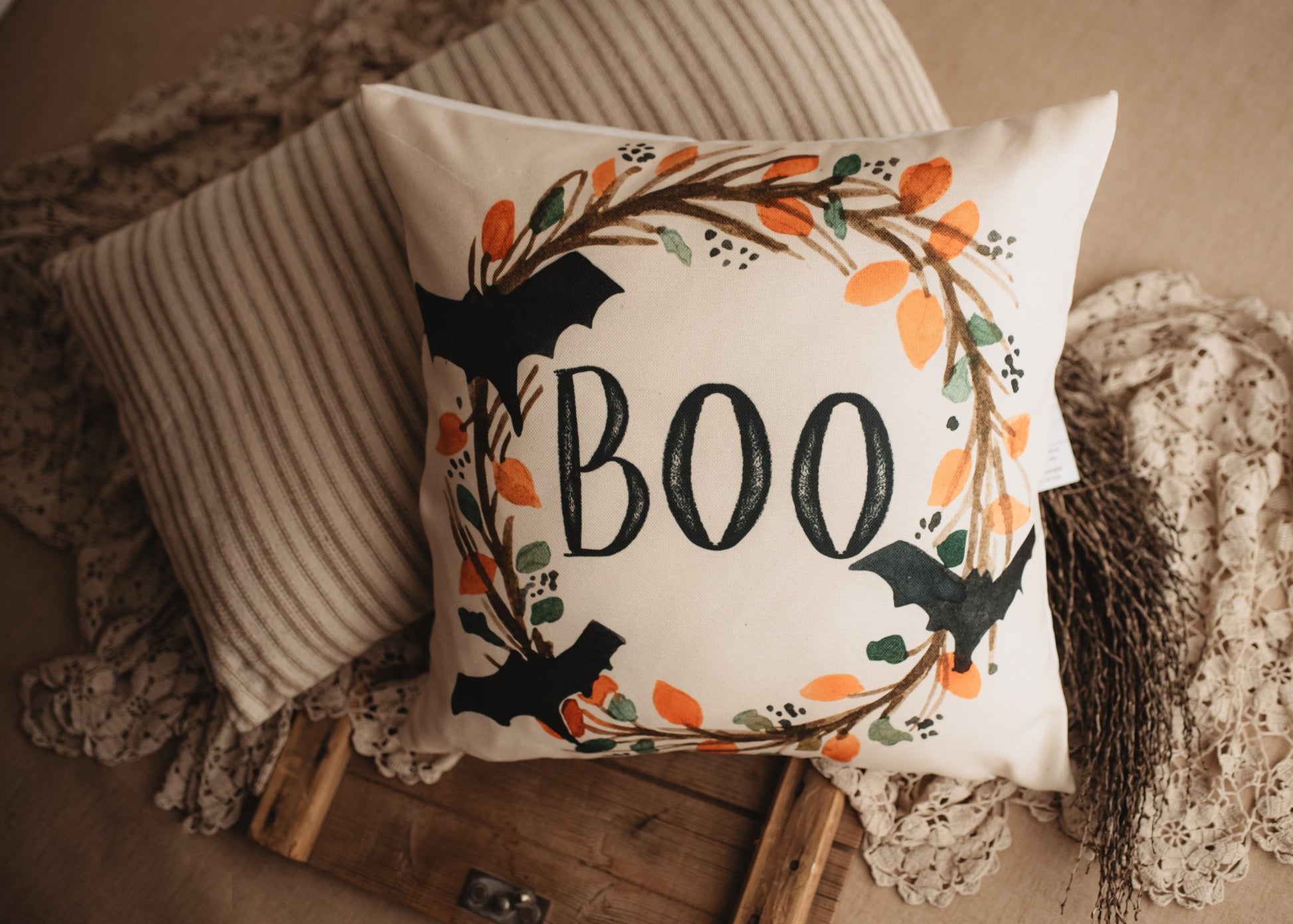 Boo Halloween Wreath Pillow Cover | Fall decor | Farmhouse Pillows | - Shopping Warriors